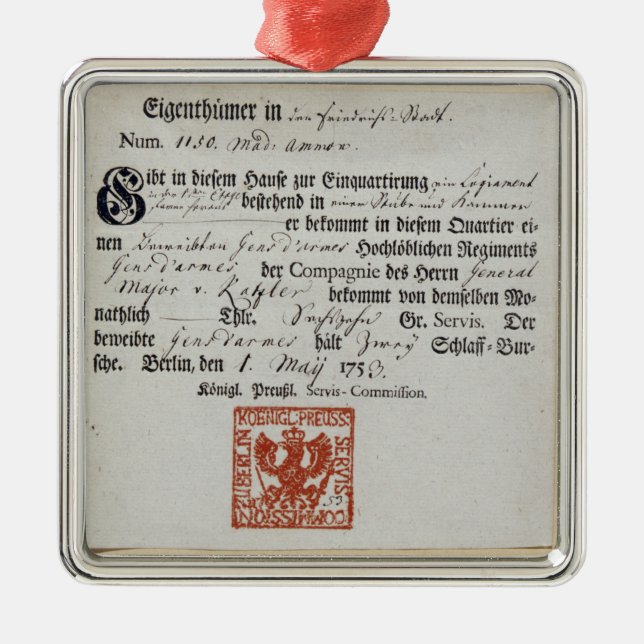 Unterbringenbeleg, 1759 silbernes ornament (Vorne)