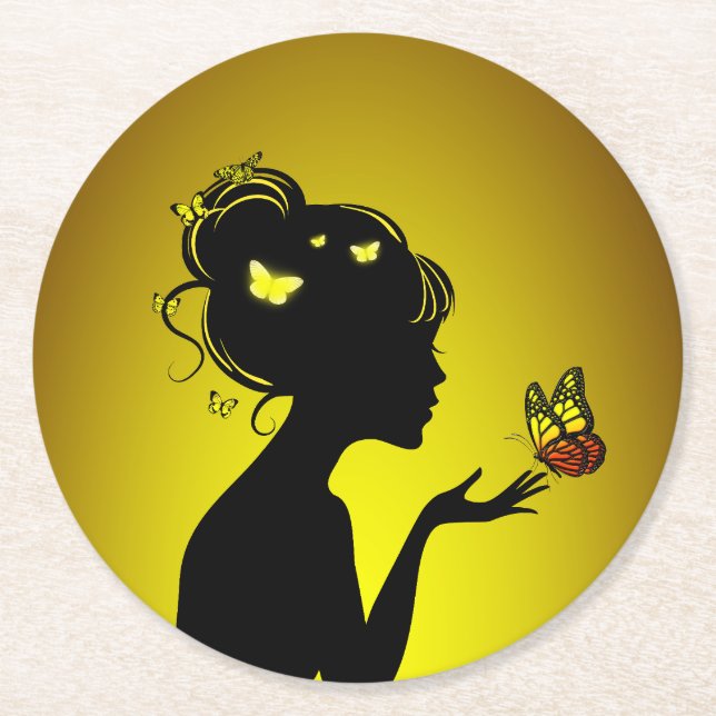 Unterglas aus Papier Gelbe Schmetterlinge Runder Pappuntersetzer (Vorderseite)