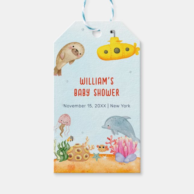 Unterhalb der maritimen Babydusche Geschenkanhänger (Vorderseite)