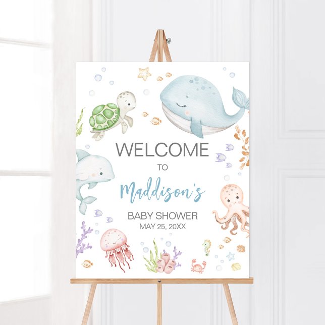 Unterhalb der Sea Baby Dusche Empfang Poster (Sea Creatures Ocean Baby Shower Welcome Sign)