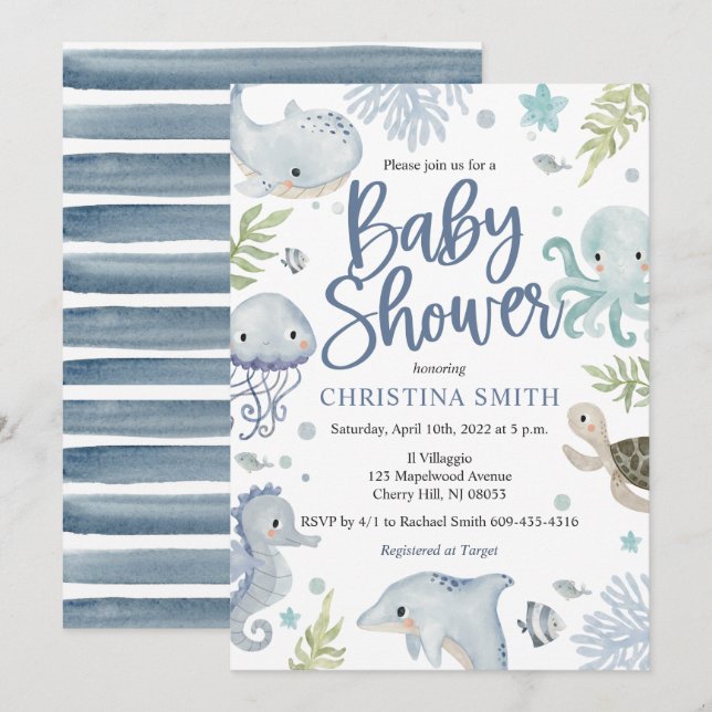 Unterhalb der Sea Baby Shower Einladungen (Vorne/Hinten)