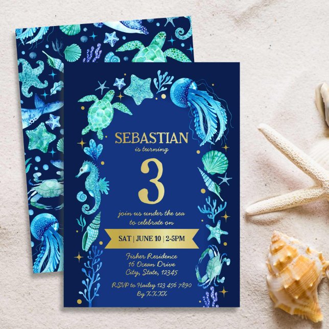 Unterhalb des Meeres Aquarell Sea Life Navy Blue Folieneinladung (Under The Sea Watercolor Sea Life Navy Blue Foil Invitation)