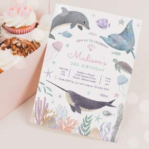 Unterhalb des Meeres Dolphin Narwhal Sea Leben Geb Einladung