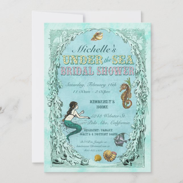 Unterhalb des Meeres Mermaid Bridal Dusche Einladu Einladung (Vorderseite)