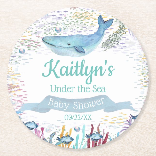 Unterhalb des Meeres | Ocean Themed Baby Dusche Runder Pappuntersetzer (Vorderseite)