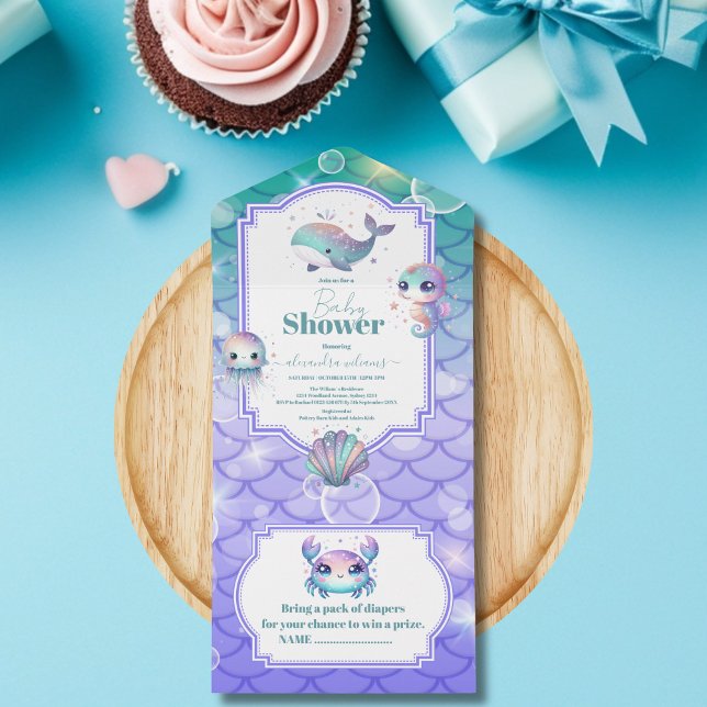 Unterhalb des Meeres Wasserfarben Babydusche All In One Einladung (Von Creator hochgeladen)