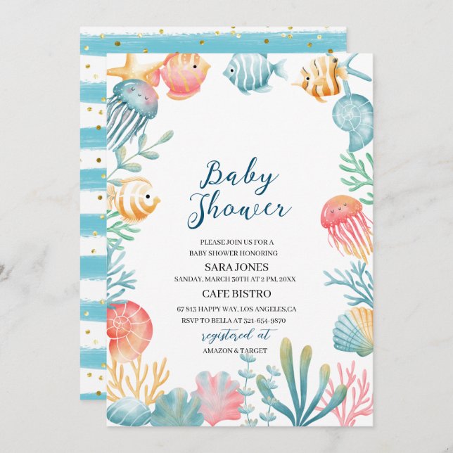 Unterhalb des Meeres Wasserfarben Babydusche Invi Einladung (Vorne/Hinten)