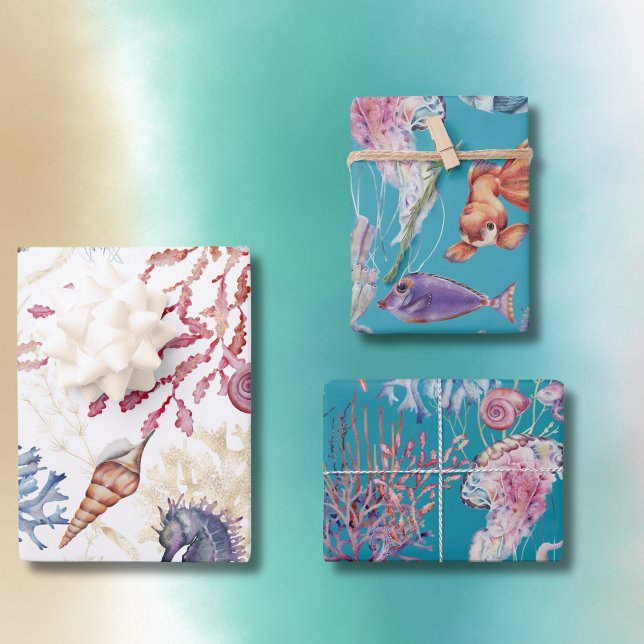 Unterhalb des Meereswassers Seepferd Starfish Turt Geschenkpapier Set (Under The Sea Watercolor Seahorse Starfish Turtles Wrapping Paper Sheets)