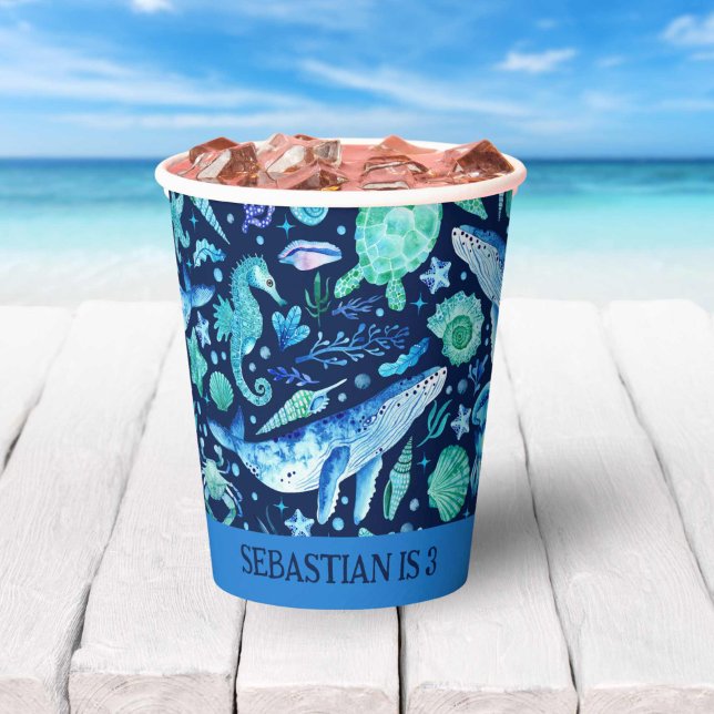Unterhalb des Party Meerestiere Wasserfarbenfänger Pappbecher (Under the Sea Party Ocean Animals Watercolor Navy Paper Cups)