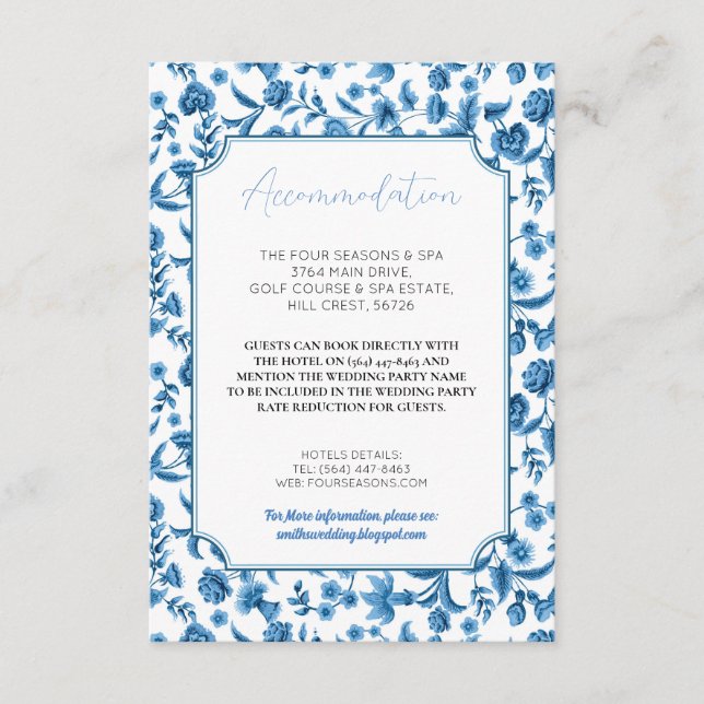 Unterkunft Hochzeit RSVP Chintz Blue White Begleitkarte (Vorderseite)