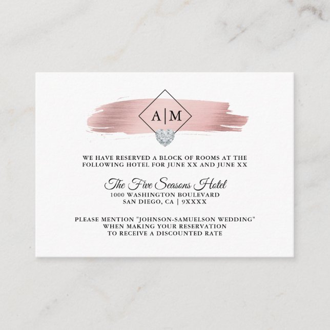 UNTERKÜNFTE Hochzeiten Rose Gold Foil Monogramme Begleitkarte (Vorderseite)