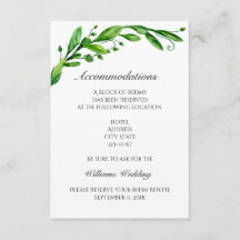 Unterkunftskarte. Grüne Hochzeitsdetails. Info