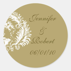 Unterscheidung: Gold und White Damask Design Runder Aufkleber
