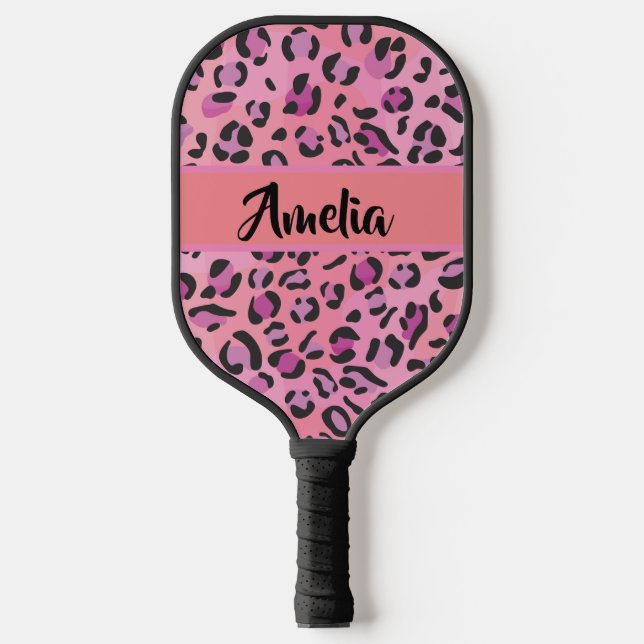 Unterschrift Retro Rosa und Orange Leopard Pickleball Schläger (Vorderseite)