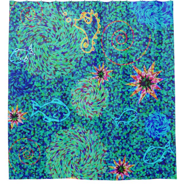 Unterseemosaik Fisch Seepferd Grün Blau Rosa Duschvorhang (Vorderseite)