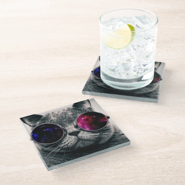 Untersetzer aus Glas - Coole Katze (Schrägansicht)