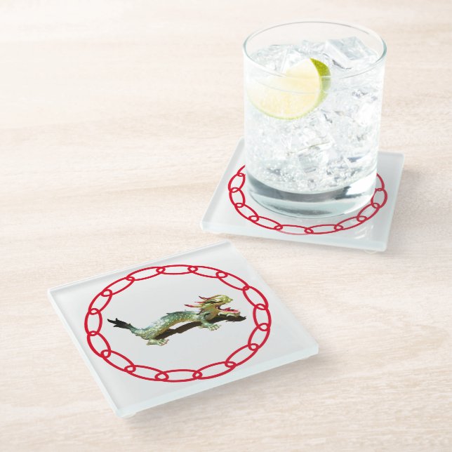 Untersetzer aus Glas - Drache und Schatten mit rot (Schrägansicht)