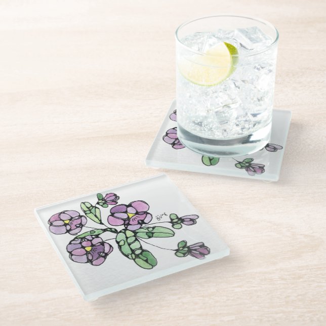 Untersetzer aus Glas - Lila Stiefmütterchen (Schrägansicht)
