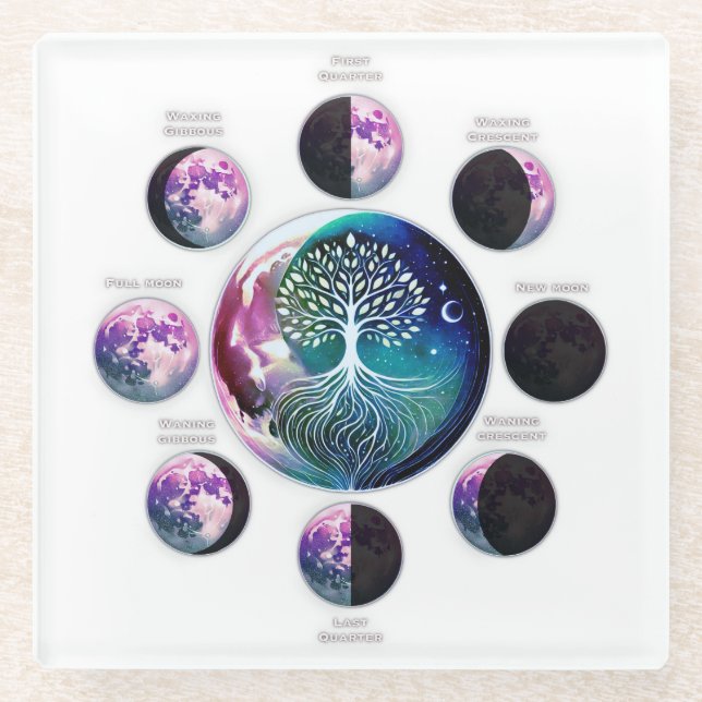 Untersetzer aus Glas mit Mondphasen & Lebensbaum (Vorderseite)