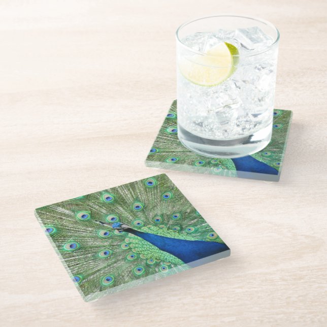 Untersetzer aus Glas - Pfau (Schrägansicht)