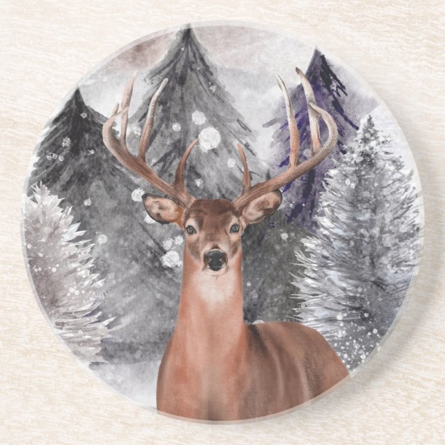 Untersetzer Deer Buck Watercolor Winterwald (Vorne)