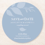 Untersetzer Hochzeit speichern das Datum blau<br><div class="desc">Verkünden Sie Ihre Verlobung mit diesem modernen Save the Date in einem einzigartigen Untersetzer-Format. Dieses Design ist minimalistisch in hellblau gehalten. Verwenden Sie die Vorlagenfelder, um Ihre Hochzeitsdetails auf einem staubblauen Hintergrund in Weiß zu bearbeiten. Ändern Sie die Farben der Blätter, Schriftart und Hintergrund, um Anzug Ihre Hochzeit Thema. Die...</div>