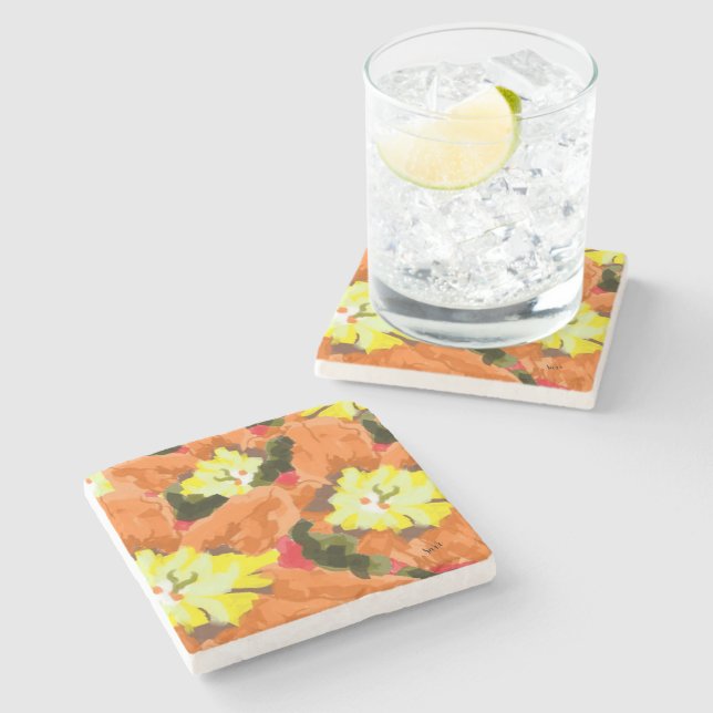 Untersetzer: Orange und gelbe Blumen Steinuntersetzer (Seitenansicht)