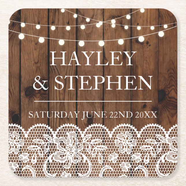 Untersetzer Wood Lights Rustikale Hochzeitsfeier (Vorderseite)