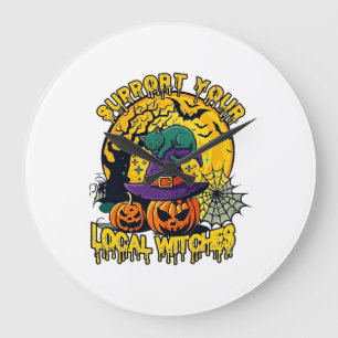 Unterstütze lokale Hexen Halloween Katze Hexenhut Große Wanduhr