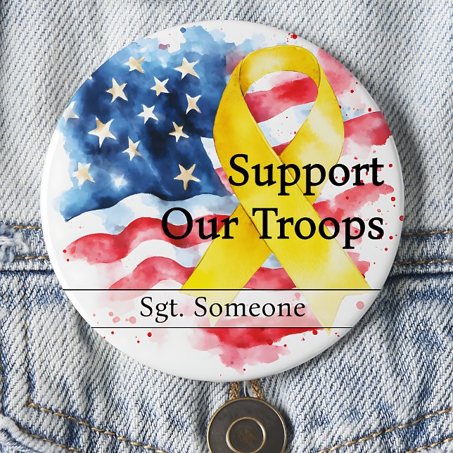 Unterstützen Sie unsere Truppen Gelbes Bewusstsein Button (Support Our Troops Large Yellow Awareness Ribbon pinback button. US flag.)