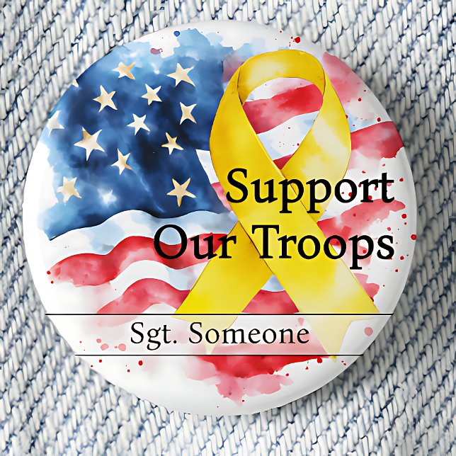 Unterstützen Sie unsere Truppen Yellow Awareness R Button (Small Support Our Troops Pinback Button.  Yellow Ribbon.  US Flag.)