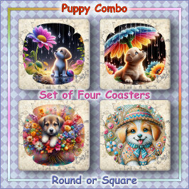 UNTERTASSEN-SET (4) - Puppy Combo - Rund/Quadrat Untersetzer Set