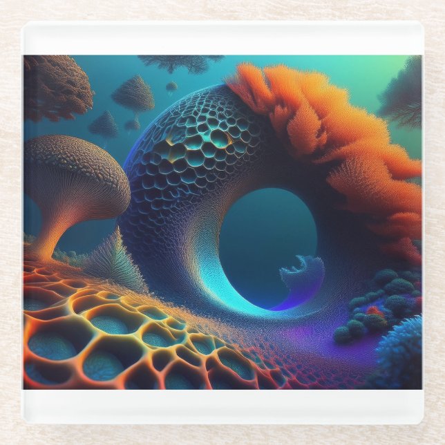 Unterwasser-Fraktal-Landschaft Glasuntersetzer (Vorderseite)