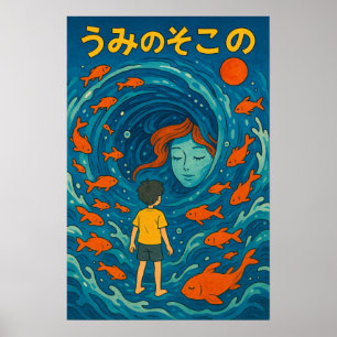 Unterwasser-Junge-Goldfisch-Illustrationsposter Poster