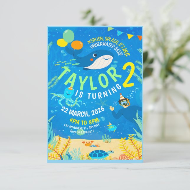 Unterwasser-Meereslebewesen Geburtstag Einladung (Stehend Vorderseite)