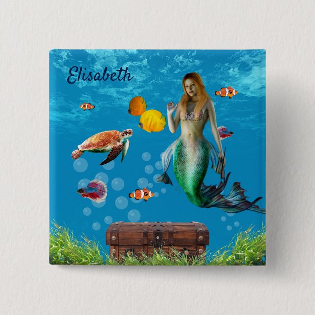 Unterwasser Meerjungfrau Schatzsuche Fantasy Blue Button (Vorderseite)