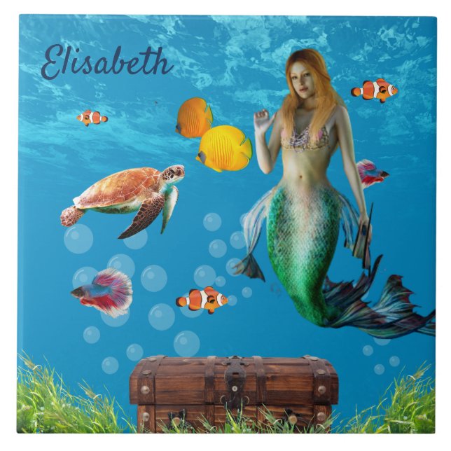 Unterwasser Meerjungfrau Schatzsuche Fantasy Blue Fliese (Vorderseite)