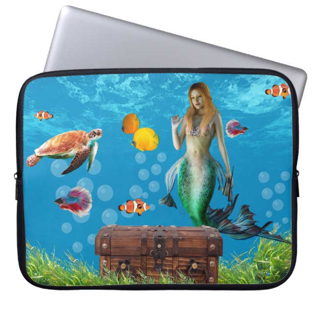 Unterwasser Meerjungfrau Schatzsuche Fantasy Blue Laptopschutzhülle (Vorderseite)