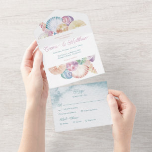 Unterwasser-Muschel-Aquarell-Strand-Hochzeit im kl All In One Einladung