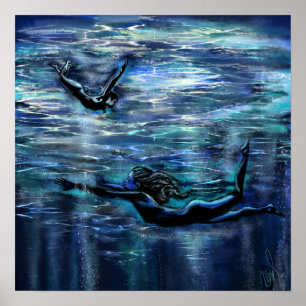 Unterwasser-Schwimmende Frauen Poster Druck Gemäld