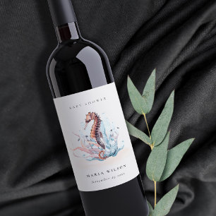 Unterwasser-Seepferdchen-Algen-Korallen-Baby-Party Weinetikett