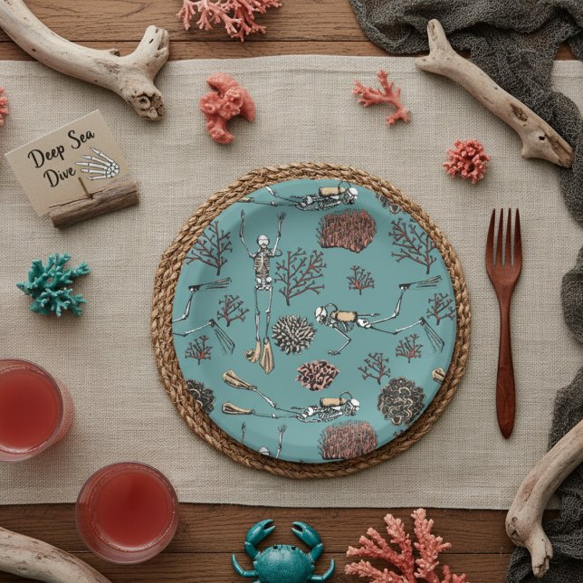 Unterwasser Skeleton Scuba Diving Aquamarin Pappteller (Teal Skeleton Scuba Diver Paper Plates. Ocean Underwater Drawing with Divers Swimming Among Coral)