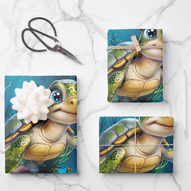 Unterwasserabenteuer mit der fröhlichen Schildkröt Geschenkpapier Set (Vorderseite)