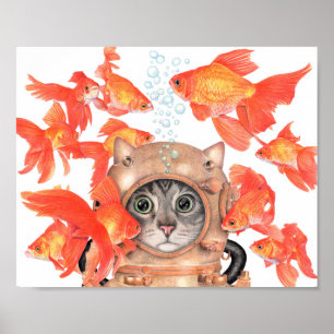 Unterwasseratemgerät-Katze unter den Fischen Poster