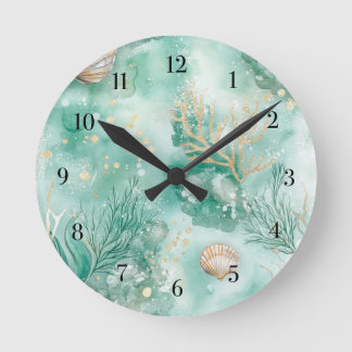 Unterwasserkorallen und Muscheln in Aquamariner Wa Runde Wanduhr