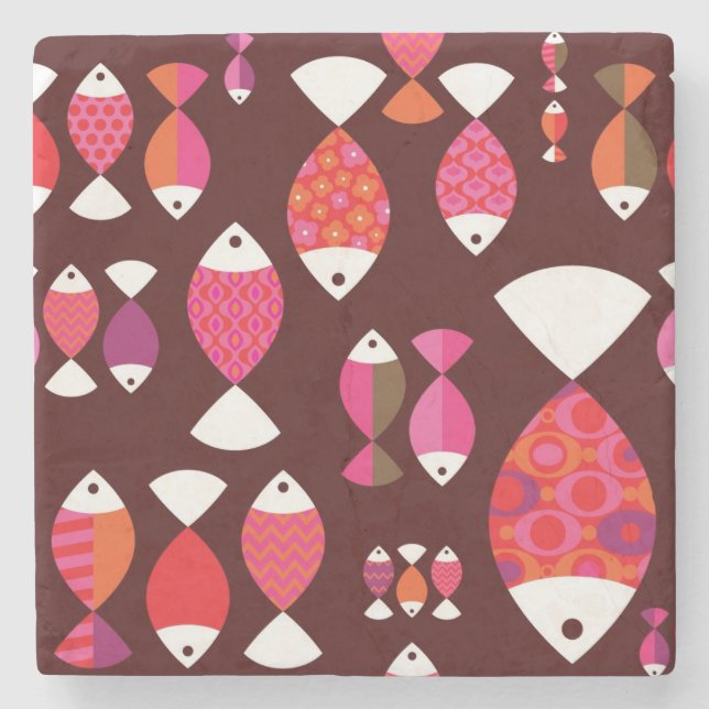 Unterwassermuster der abstrakten retro Fische Steinuntersetzer (Vorderseite)