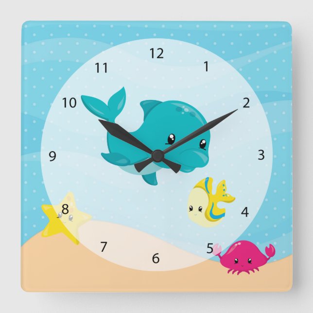 Unterwassertiere Quadratische Wanduhr (Vorderseite)