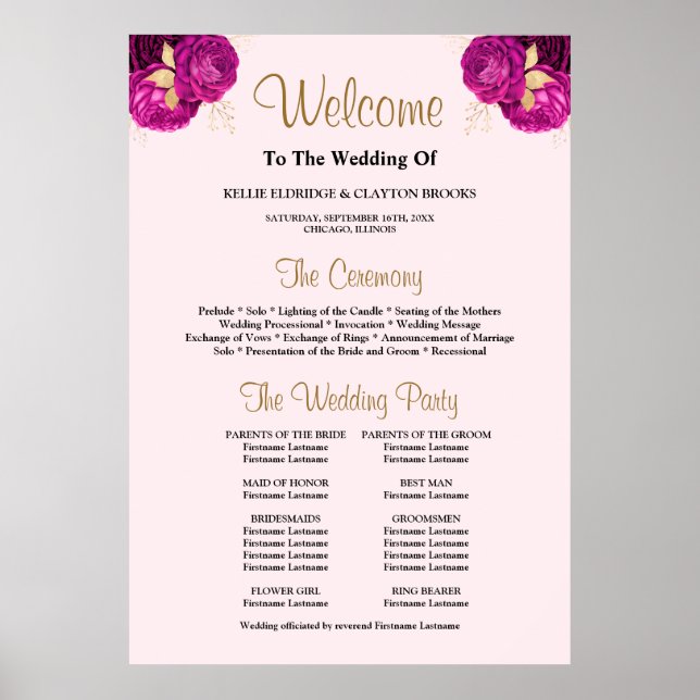 Unterzeichnung des Rosa/Gold Floral Wedding Progra Poster (Vorne)