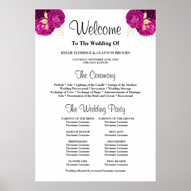 Unterzeichnung des Rosa/Gold Floral Wedding Progra Poster (Vorne)