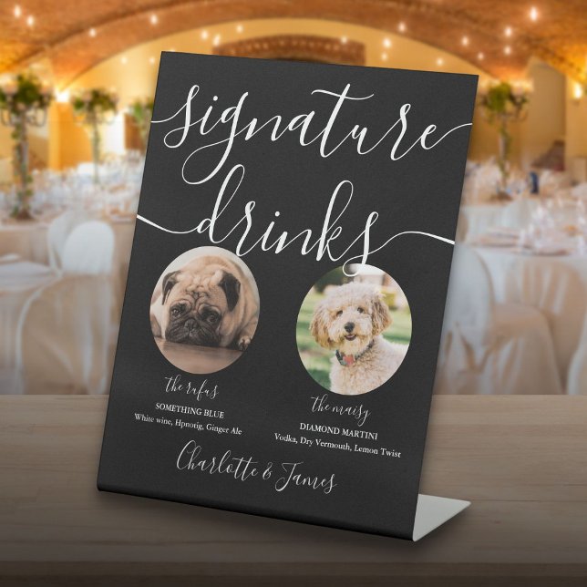 Unterzeichnungsgetränke für Schwarz-Weiß-Hunde Sockelschild (Black And White Wedding Pet Dog Signature Drinks Pedestal Sign)
